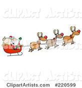 Team of Reindeer and Santa in His Sleigh Flying