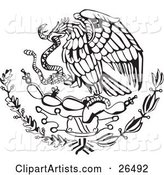 The Mexican Coat of Arms Showing the Eagle Perched on a Cactus, Eating a Snake in Black and White