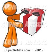 Thoughtful Orange Man Holding a Christmas, Birthday, Valentine's Day or Anniversary Gift Wrapped in White Paper with Red Ribbon and a Bow