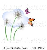 Three Dandelions with Butterflies and a Cloud