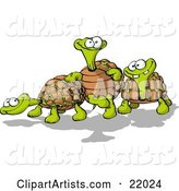 Three Goofy Tortoise Turtles, One Leaning Against Another