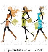 Three Silhouetted Long Haired Women Wearing Colorful and Fashionable Clothes and Taking Long Strides While Shopping in a Mall