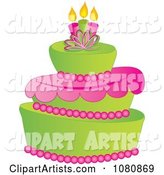 Three Tiered Green and Pink Fondant Cake with Birthday Candles