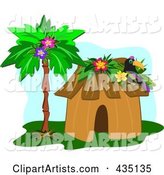 Toucan on a Tropical Hut by a Palm Tree over Blue