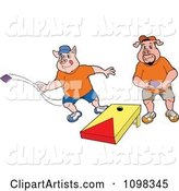 Two Pigs Playing Cornhole Bean Bag Toss