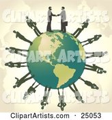 Two Professional Businessmen Shaking Hands on Top of a Green Globe, Other Business People Circling the Planet