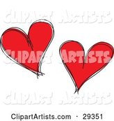 Two Red Hearts with Black Sketched Outlines, on a White Background