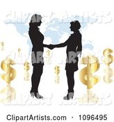 Two Silhouetted Business Women Shaking Hands over a Map with Dollar Symbols
