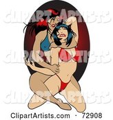 Two Wrestling Pinup Women in Bikinis over a Red Oval