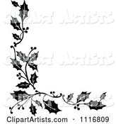 Vintage Black and White Corner Border of Christmas Holly Sprigs