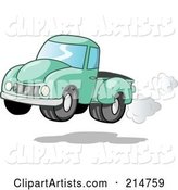Vintage Green Pickup Truck with Exhaust Clouds