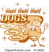 Vintage Hot Dog Advertisement Showing a Circular King Character Holding a Hotdog and Text Reading "Hot! Hot! Hot! Dogs Lunch Dinner Anytime!"