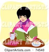 Warm Woman Drinking Coffee and Eating Cake While Reading a Book