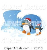 Wave of Snow Framing a Scene of Two Penguins Wearing Santa Hats and Running in the Wniter