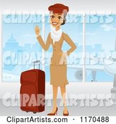 Waving Emirates Airline Stewardess in a Brown Uniform, Standing by Windows with Her Luggage