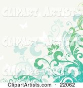 Web Site Background of Blue and Green Flowering Vines and Butterflies with Grunge Texture