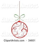 White Christmas Ornament with Red Swirl Patterns, Suspended from a String with a Bow