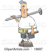 White Construction Worker Guy Carrying a Giant Nail over His Shoulder and a Hammer in His Hand