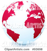 White Globe with Red or Pink Continents, Centered on the Atlantic