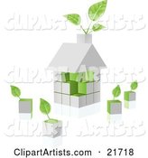 White Home Built of Blocks with Green Sides and Plants Sprouting from the Chimney and Loose Cubes