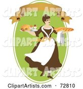 Woman Carrying Breads and Pie on Platters over a Green Oval with a Blank Banner