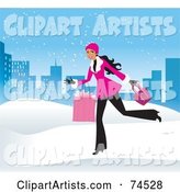 Woman Running Through the Snow with Shopping Bags in a Blue City