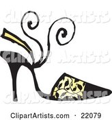 Woman's Black High Heel Shoe with a Sandal Heel Strap and Black Vine Pattern over Yellow