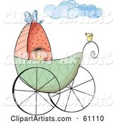 Yellow Bird Perched on the Rail of a Baby Carriage, the Baby Peeking over the Edge