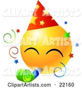 Yellow Emoticon Face Wearing a Party Hat and Blowing on a Noise Maker at a Party