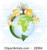 Yellow Homes and Buildings with Trees on Top of a Globe with Green Continents, a Green Renewable Energy Arrow Circling the Planet