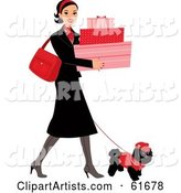 Young Lady Walking Her Dog While Shopping and Carrying Feminine Boxes