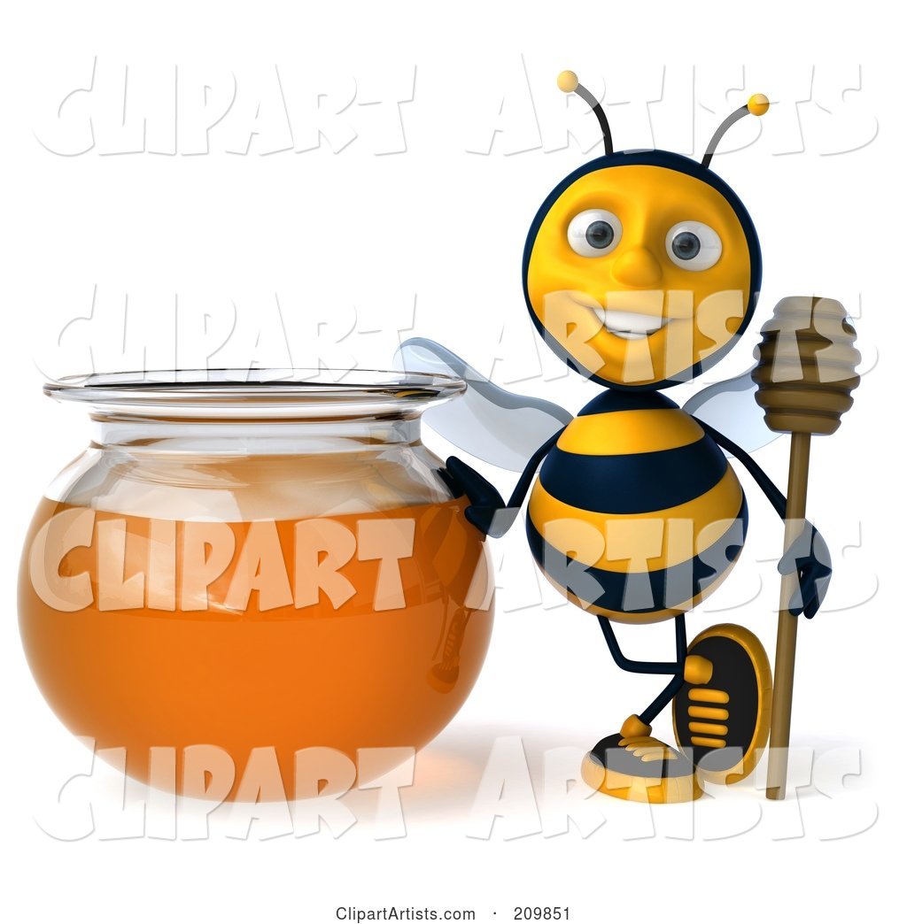 Bee Character Holding a Honey Wamd by a Bowl of Honey