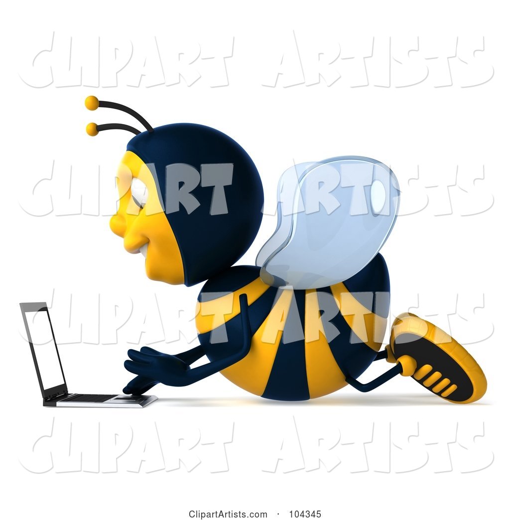 Bee Character Laying on the Floor and Using a Laptop, Facing Left