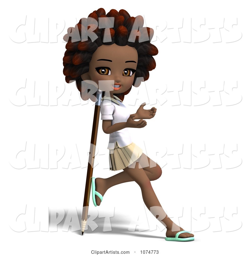 Black School Girl with an Afro Leaning Against a Pencil