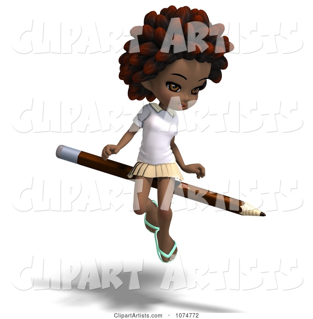 Black School Girl with an Afro Sitting on a Pencil
