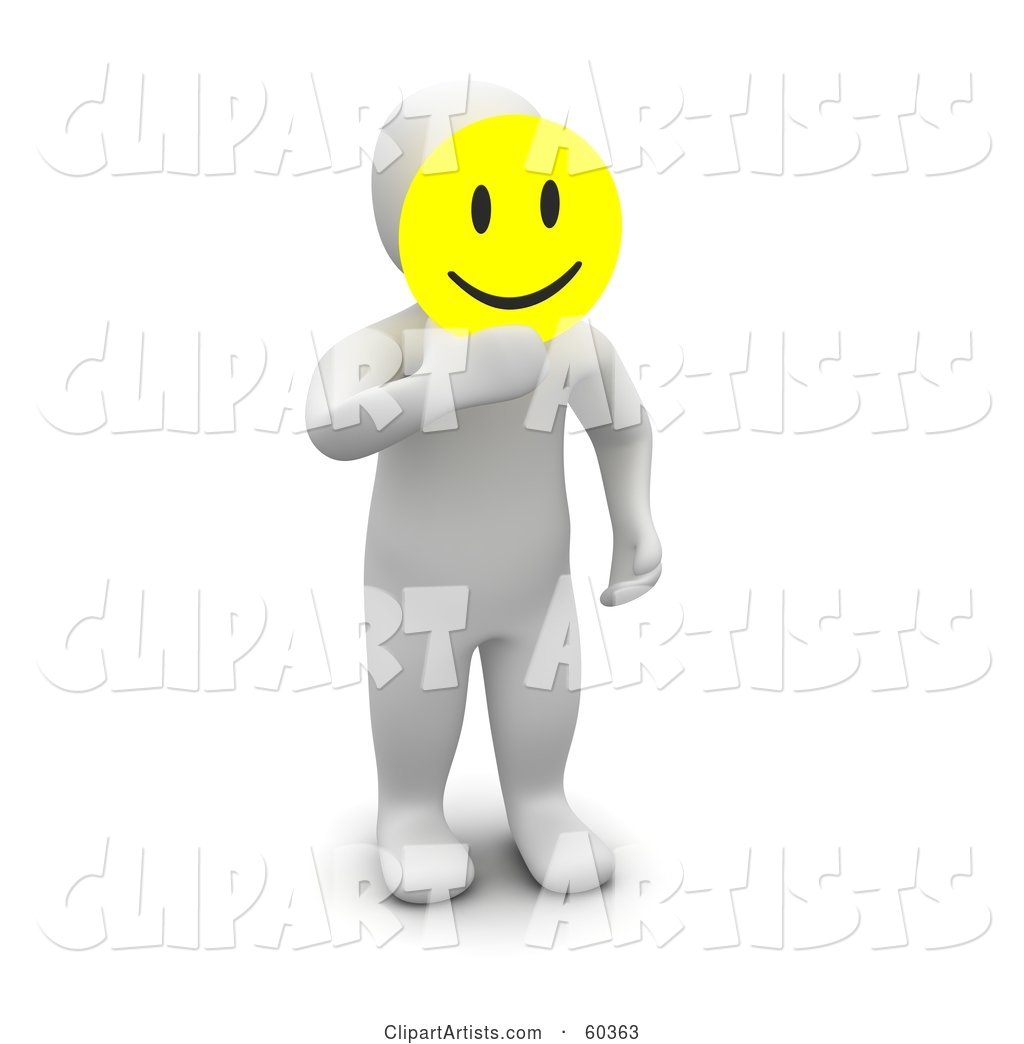 Blanco Man Character Holding a Yellow Emoticon Smiley Face