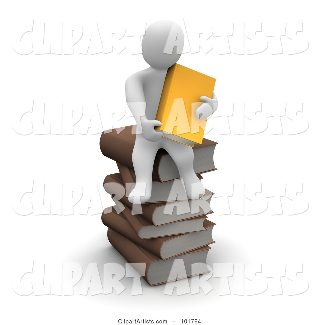 Blanco Man Holding an Orange Book and Sitting on a Pile of Books