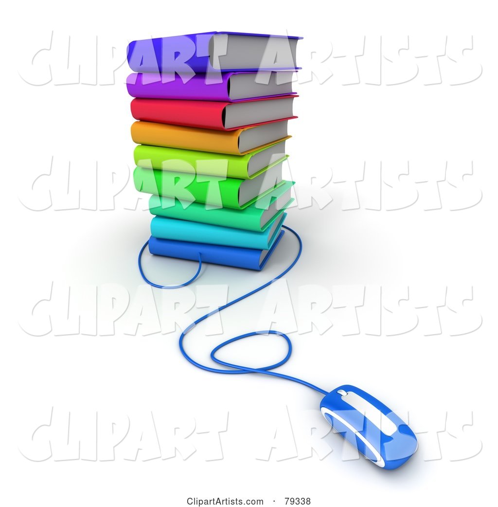 Blue Computer Mouse Connected to a Stack of Colorful Literature Text Books