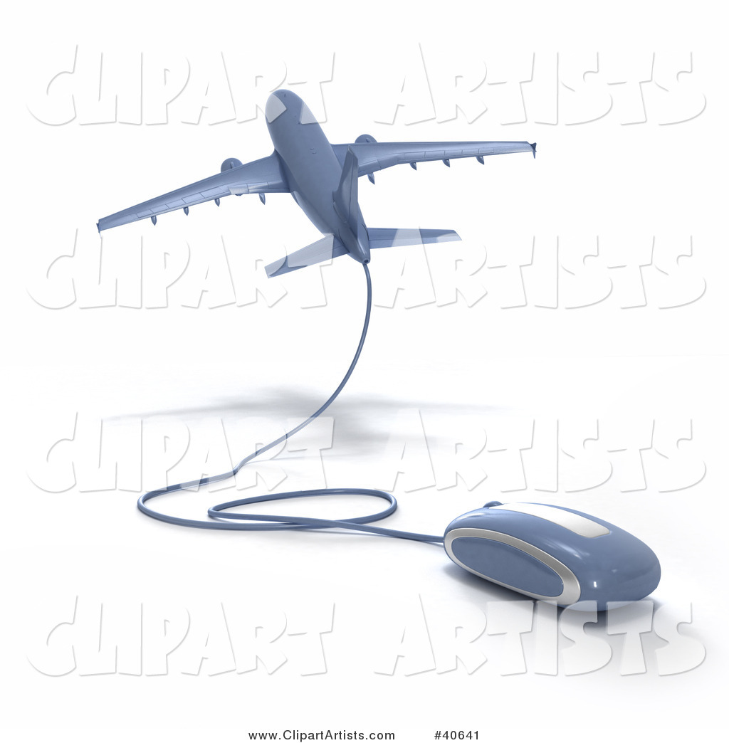 Blue Computer Mouse Wired to a Departing Airplane
