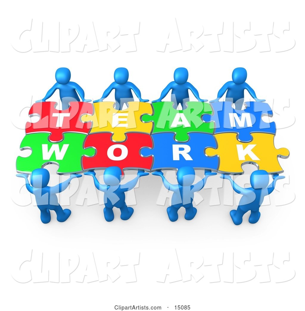 Blue People Working Together to Hold Colorful Pieces of a Jigsaw Puzzle That Spells out Team Work