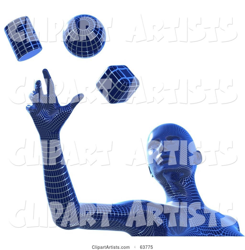 Blue Wire Framed Cyber Woman Reaching for a Sphere, Cube and Cylinder