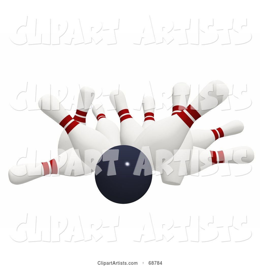 Bowling Ball Crashing Hard into Bowling Pins on White