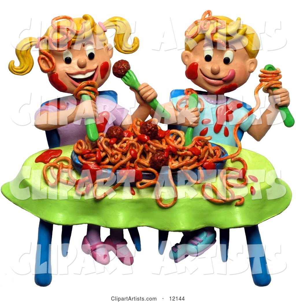 Boy and Girl Making a Mess During a Spaghetti Dinner