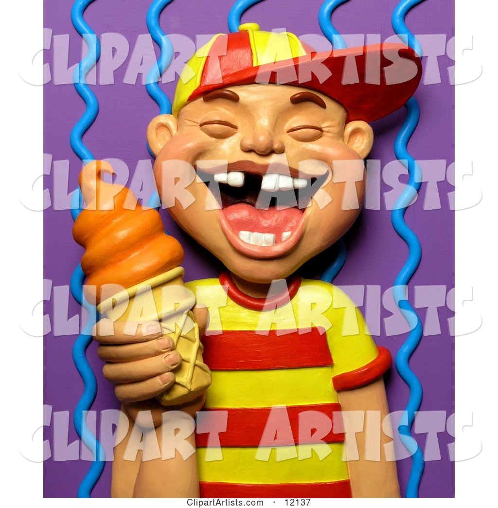 Boy with Missing Teeth Smiling and Holding an Orange Ice Cream Cone