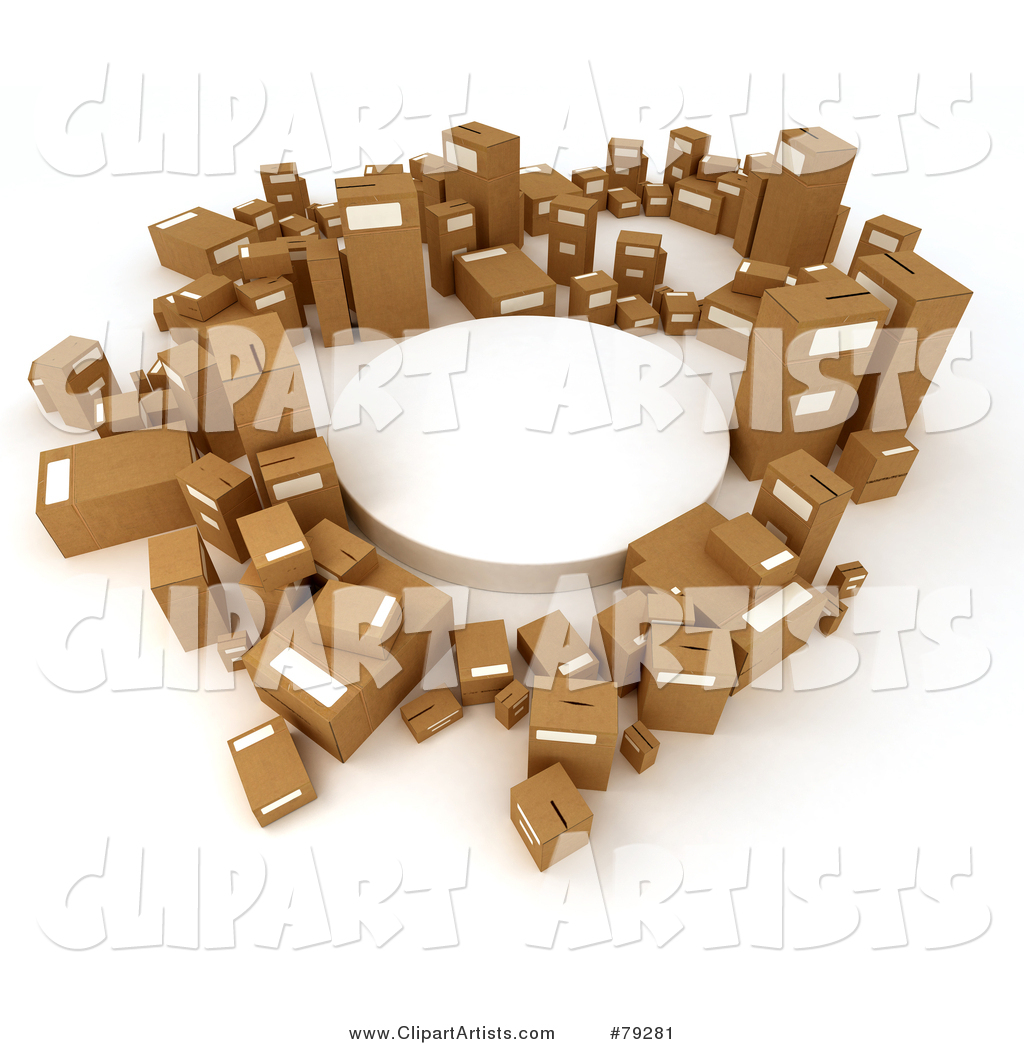 Circle of Cardboard Parcel Boxes Around a White Platform
