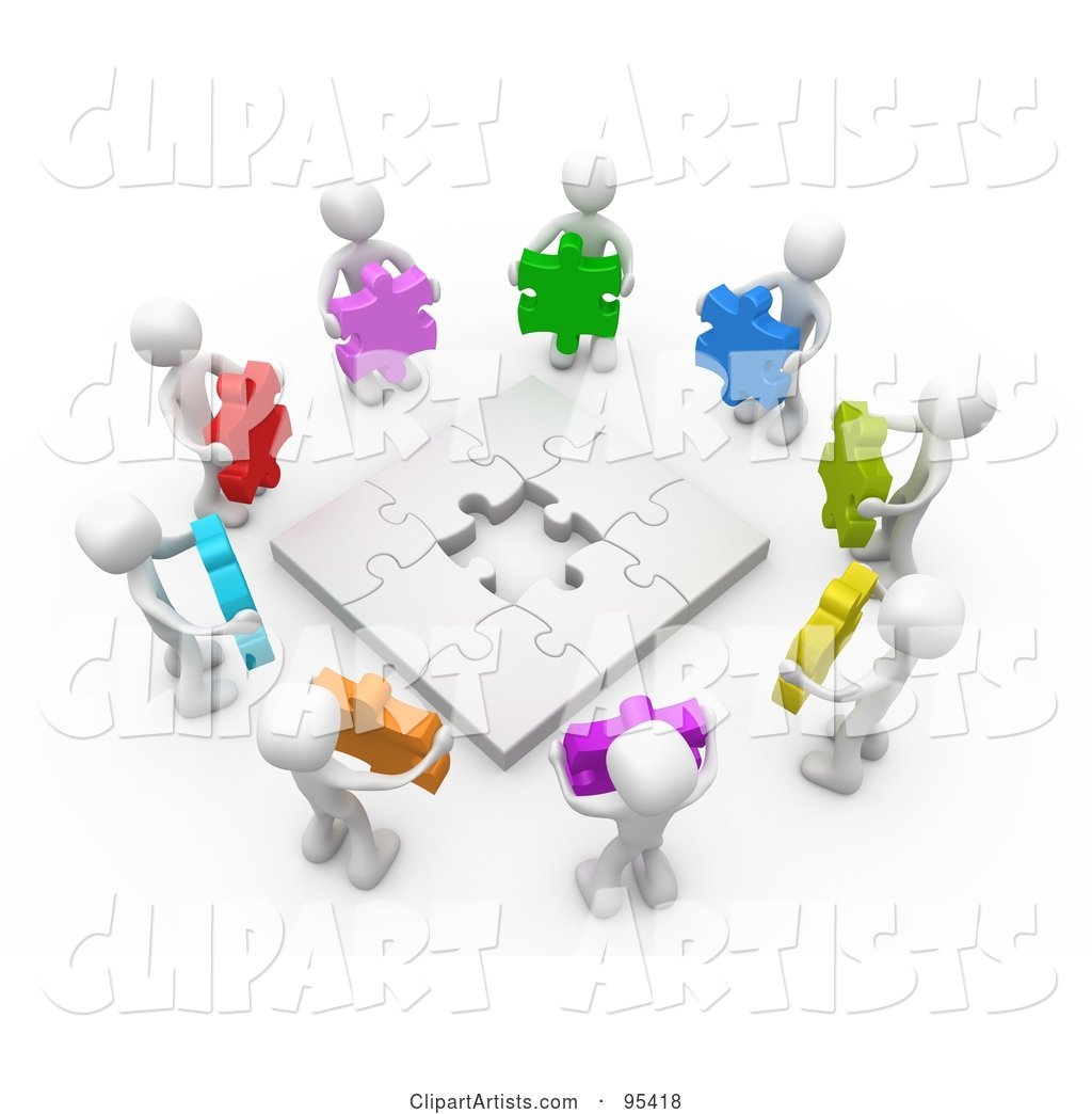 Circle of White People Holding Different Colored Puzzle Pieces Around a Nearly Complete Puzzle