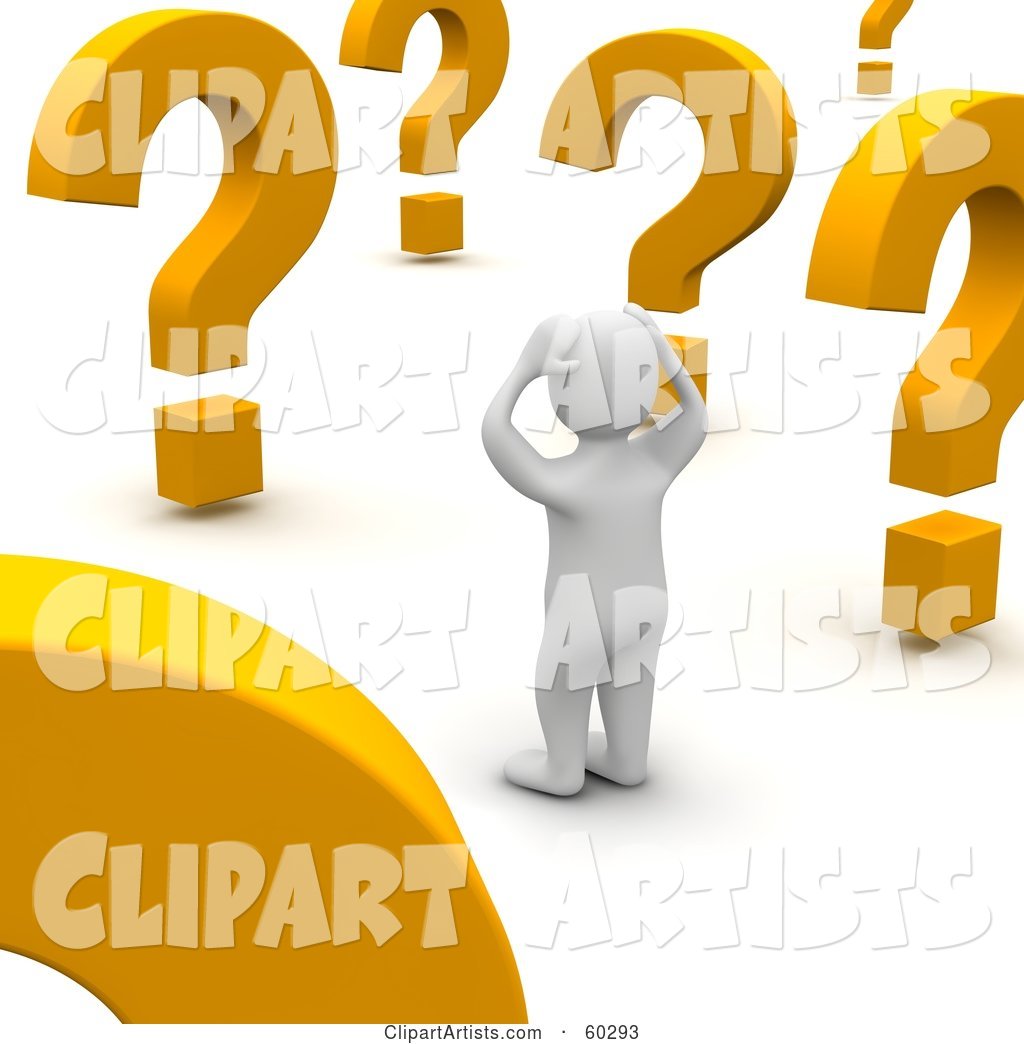 Confused Blanco Man Character Looking at Large Question Marks