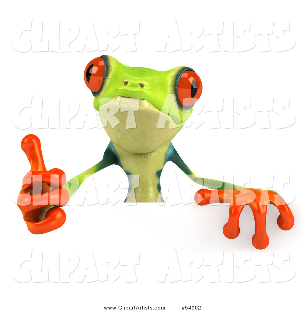 Cute Green Poison Dart Frog Giving the Thumbs up and Standing Behind a Blank Sign