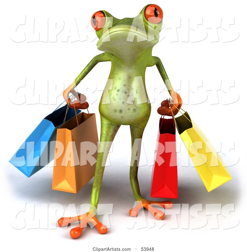 Cute Green Tree Frog Carrying Shopping Bags - Pose 1