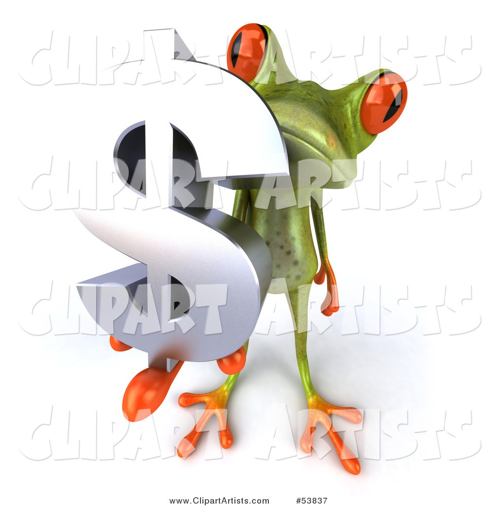 Cute Green Tree Frog Holding a Silver Dollar Symbol - Pose 2